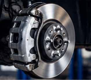 Close-up of a brake rotor and caliper